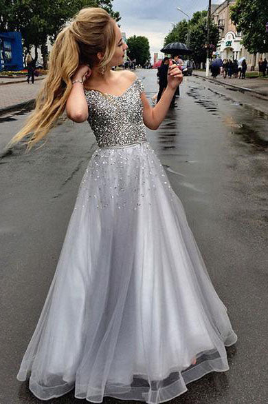 Chic Sliver Beaded Off the Shoulder Long Prom Dresses V Neck Tulle Dance Dresses P1056