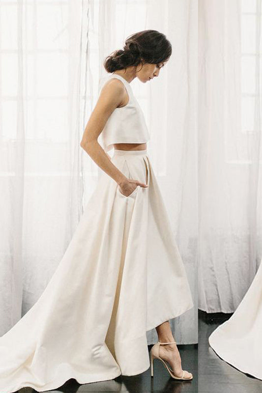 Chic Two Pieces Satin Ivory High Neck High Low Wedding Dresses with Pockets, Bridal Dress W1027