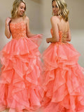 Coral Backless Spaghetti Straps Tulle Beaded Layers Prom Dress P1575