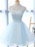Cute A Line Light Blue High Neck Tulle Flowers Homecoming Dress