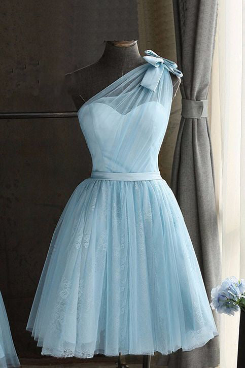 Cute Baby Blue Tulle One Shoulder Short Prom Dress, Bowknot Knee Length Party Dresses H1084