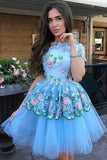 Cute Blue Floral Prints Tulle Short Sleeves A Line Homecoming Graduation Dresses PW862