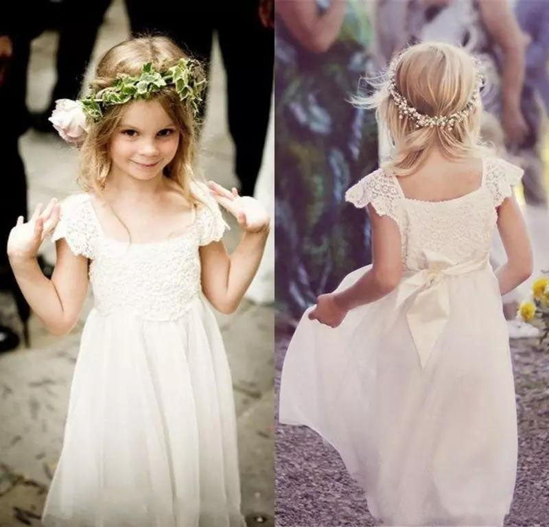 Cute Cap Sleeve Lace and Chiffon Ivory Flower Girl Dresses Wedding Party Dresses FG1001