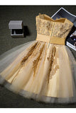 Sweetheart Gold Strapless Mini Homecoming Dress with Appliques Cocktail Dress PW941