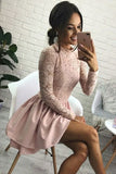 Cute Jewel Long Sleeve Short Pink Homecoming Dress with Lace Bodice,Short Dress PW856