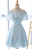 Cute Light Blue Off the Shoulder Short Prom Dresses, Chiffon Homecoming Dresses H1064