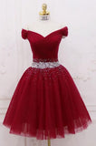 Cute Off the Shoulder Burgundy Homecoming Dresses with Tulle, Short Cocktail Dresses H1088