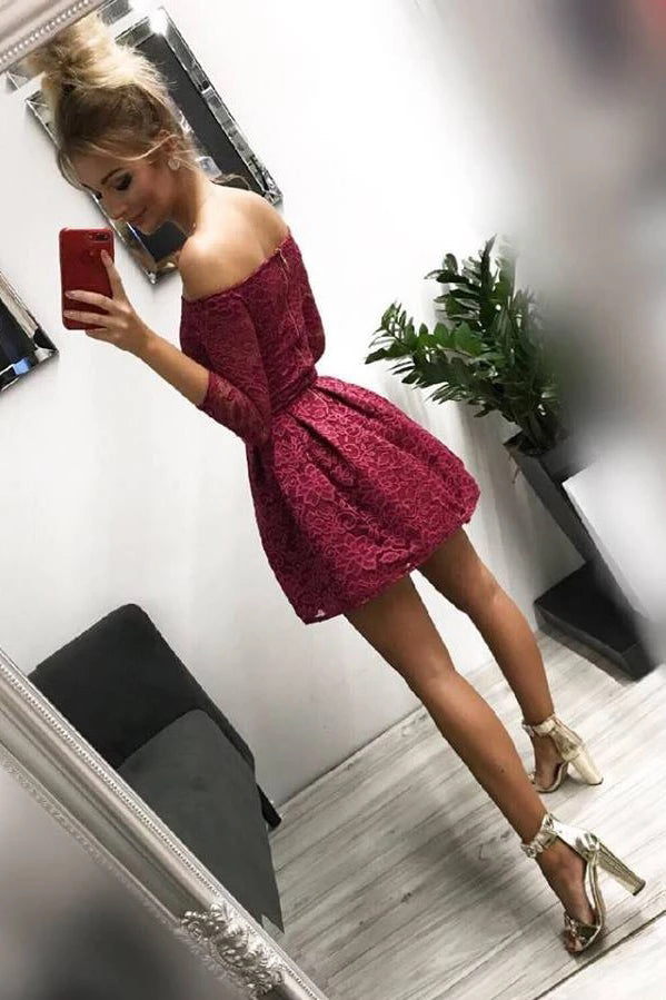 Off the Shoulder Long Sleeves Burgundy Lace Homecoming Dresses Sweet 16 Dresses H1339
