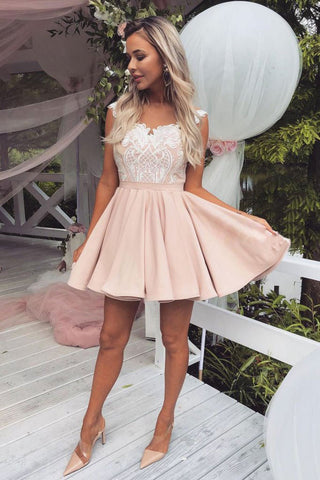 Cute Pink Lace Satin Above Knee Homecoming Dresses, Sweet 16 Dresses H1047