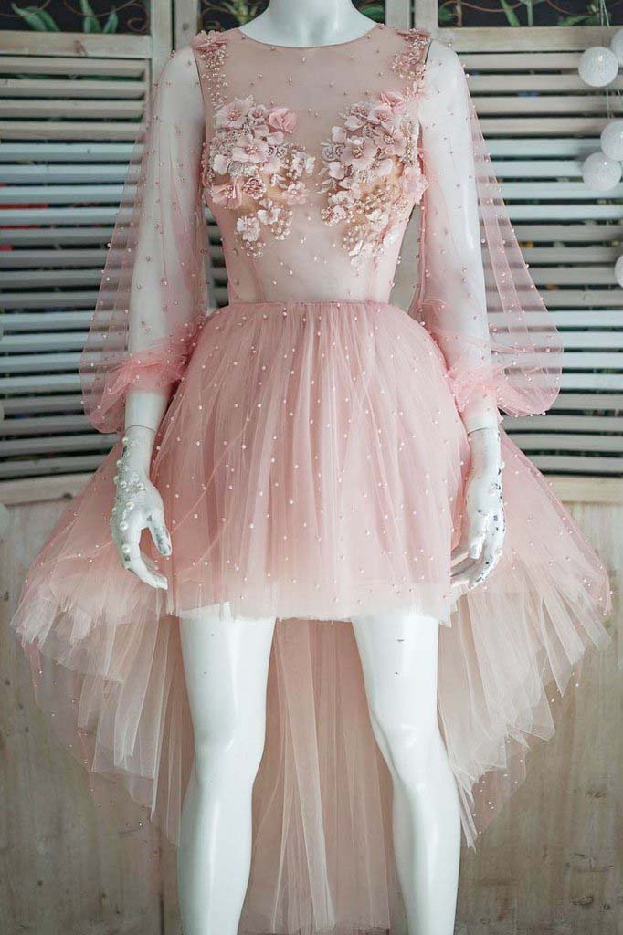 Cute Pink Tulle High Low Long Sleeve Short Prom Dress, Homecoming Dresses with Flowers H1052