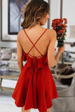 Cute Red Spaghetti Straps V-Neck Criss Cross Chiffon Above Knee Homecoming Dress H1265