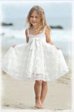 Cute Spaghetti Straps Sleeveless Ivory With Bowkont Lace Beach Flower Girl Dresses FG1008