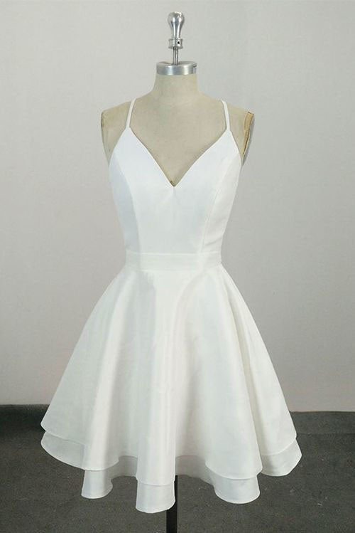 Cute Spaghetti Straps White  V Neck Knee Length Short Prom Dress, Homecoming Dress H1011