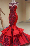 Unique Mermaid Embroidery Red Satin Sequins Scoop Long Prom Dresses uk PW26