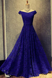 Simple Royal Blue A-Line Lace Off-the-Shoulder Lace up Hollow Prom Dresses UK PH453