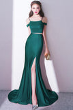 Elegant Green Off Shoulder Two-Piece Slit Mermaid Bateau Prom Dresses UK PH390