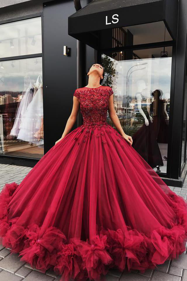 Red Tulle Appliques Ball Gown Round Neck Prom Dress,Sweet 16 Dresses,Quinceanera Dresses PH464