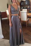 Sexy A Line Two Pieces V Neck Satin Split Side With Beading Prom Dresses uk PW42
