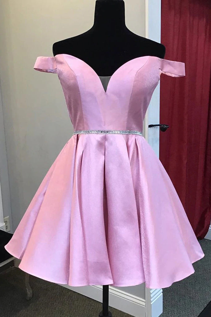 A Line Off the Shoulder Pink Homecoming Dress With Beaded Waist