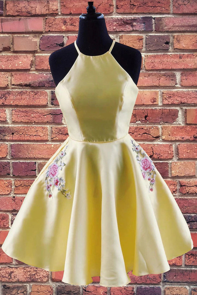 Halter Embroidered Yellow Stain Homecoming Dresses With Pockets