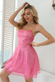 Pink Spaghetti Straps Sequins Short Homecoming Dress