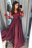 Charming Burgundy Satin Long Sleeves A Line Lace Long Prom Dresses Evening Dresses PH557