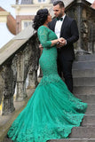 Sexy Green Mermaid V Neck Tulle Applique 3/4 Sleeves Sweep Train Plus Size Prom Dresses uk PW163