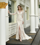 Mermaid V-Neck Long Sleeve Lace Split Prom Wedding Dress WH47394