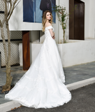 A Line Off The Shoulder Appliques Beading Tulle Chapel Train Wedding Dress WH42388