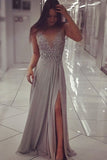 Elegant A Line Sexy Long Grey Chiffon Sparkly Beaded Sleeveless Prom Dresses with Slit PH614