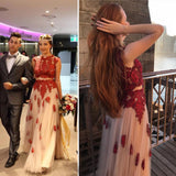 A-Line Two pieces Red Lace Tulle High Neck Cap Sleeve Applique Junior Elegant Prom Dresses uk PH241
