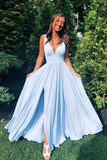 Deep V Neck Blue Satin Long Prom Dresses, Simple Bridesmaid Dresses P1114