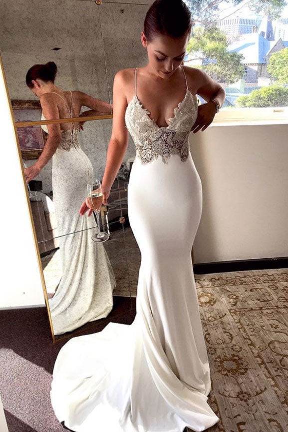 Deep V Neck Spaghetti Straps Ivory Lace Backless Mermaid Prom Dress, Wedding Dresses H1137