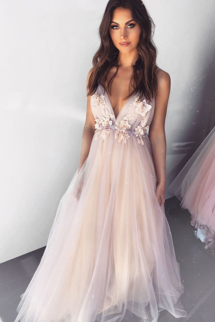 Dreamy V Neck Pearl Pink Tulle Floor Length Prom Evening Dress with Appliques P1095