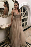 A Line V Neck Tulle Lace Appliques Backless Brown Sleeveless Prom Dresses uk PW83