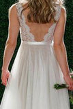 New Style Elegant V-Neck A Line Backless Tulle Beach Wedding Dress