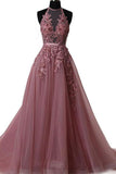 A Line Halter Lace Appliqued See-through Long Beads Lace up Tulle Backless Prom Dresses PH632