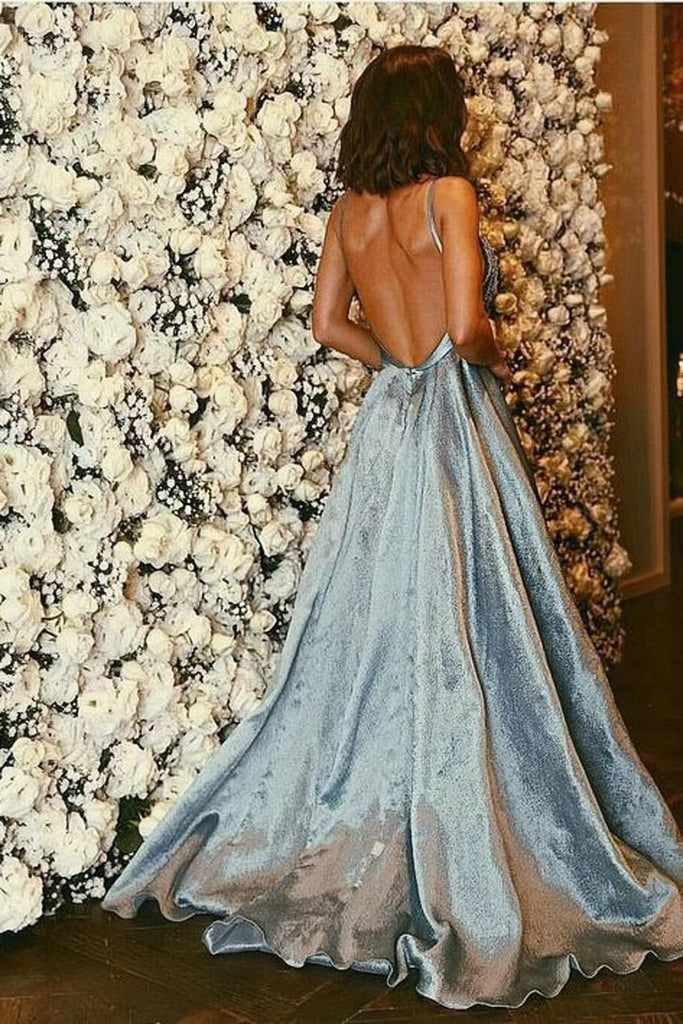 Elegant A-Line V-Neck Backless Long Prom Dresses
