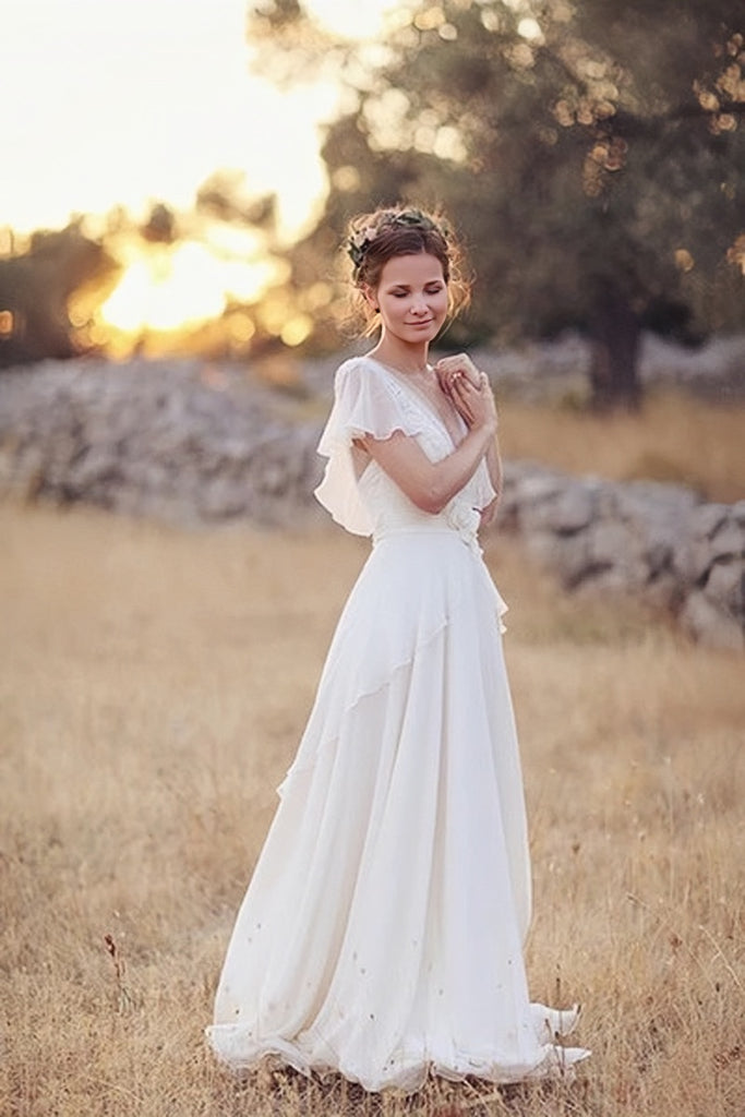Elegant Ivory Flower Cap Sleeves V-Neck Chiffon Open Back Wedding Dresses PH376