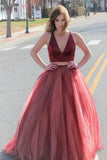 Elegant Two Pieces Burgundy V-Neck Tulle Open Back Prom Dresses P1057