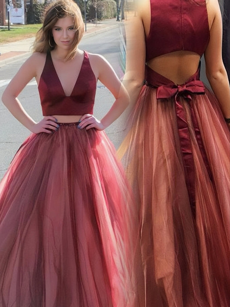 Elegant Two Pieces Burgundy V-Neck Tulle Open Back Prom Dresses P1057