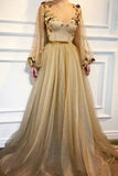 Elegant 3D Flowers Long Sleeve Prom Dresses Golden Rhinestone Evening Dresses P1158