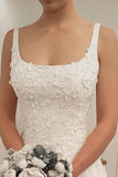 Elegant A Line Scoop Sweep Train Sleeveless Wedding Dresses with Ivory Appliques W1081