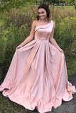 Elegant A Line One Shoulder Long Cheap Pink Prom Dresses Simple Prom Dresses with Pockets P1115