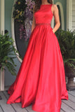 Elegant A Line Red Long Prom Dress Evening Dress with Open Back Pockets PW361
