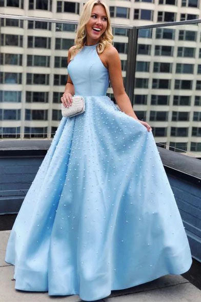 Elegant A Line Satin Jewel Pearls Blue Open Back Prom Evening Dresses With Pockets P1147