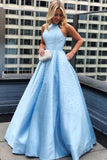 Elegant A Line Satin Jewel Pearls Blue Open Back Prom Evening Dresses With Pockets P1147