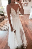 Elegant A Line V Neck Ivory Spaghetti Straps Lace Slit Wedding Gowns with Beads W1020