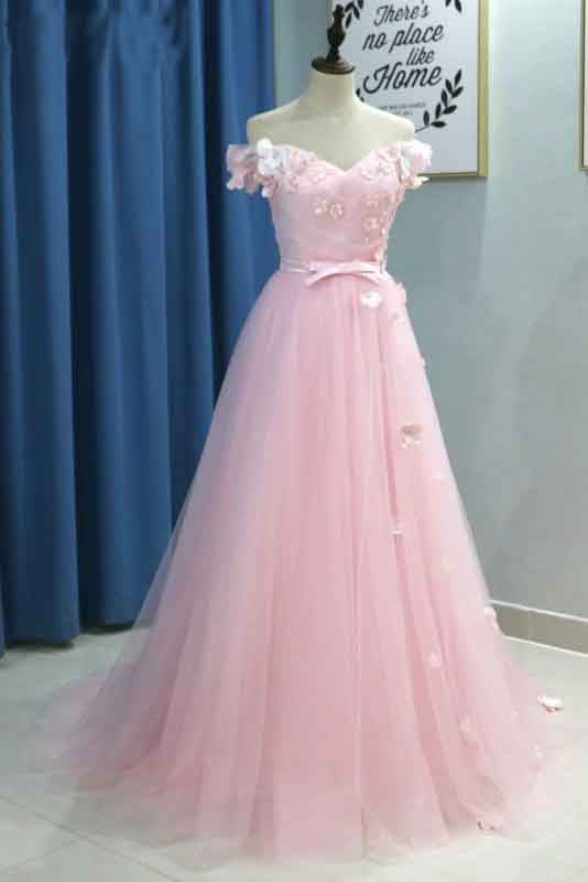 Elegant A Line Pink Tulle Prom Dresses with Flowers Off the Shoulder Belt Evening Dresses PW749