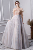 Elegant Beads Tulle Short Sleeve Prom Dresses, Pink Long Cheap Evening Dresses P1084
